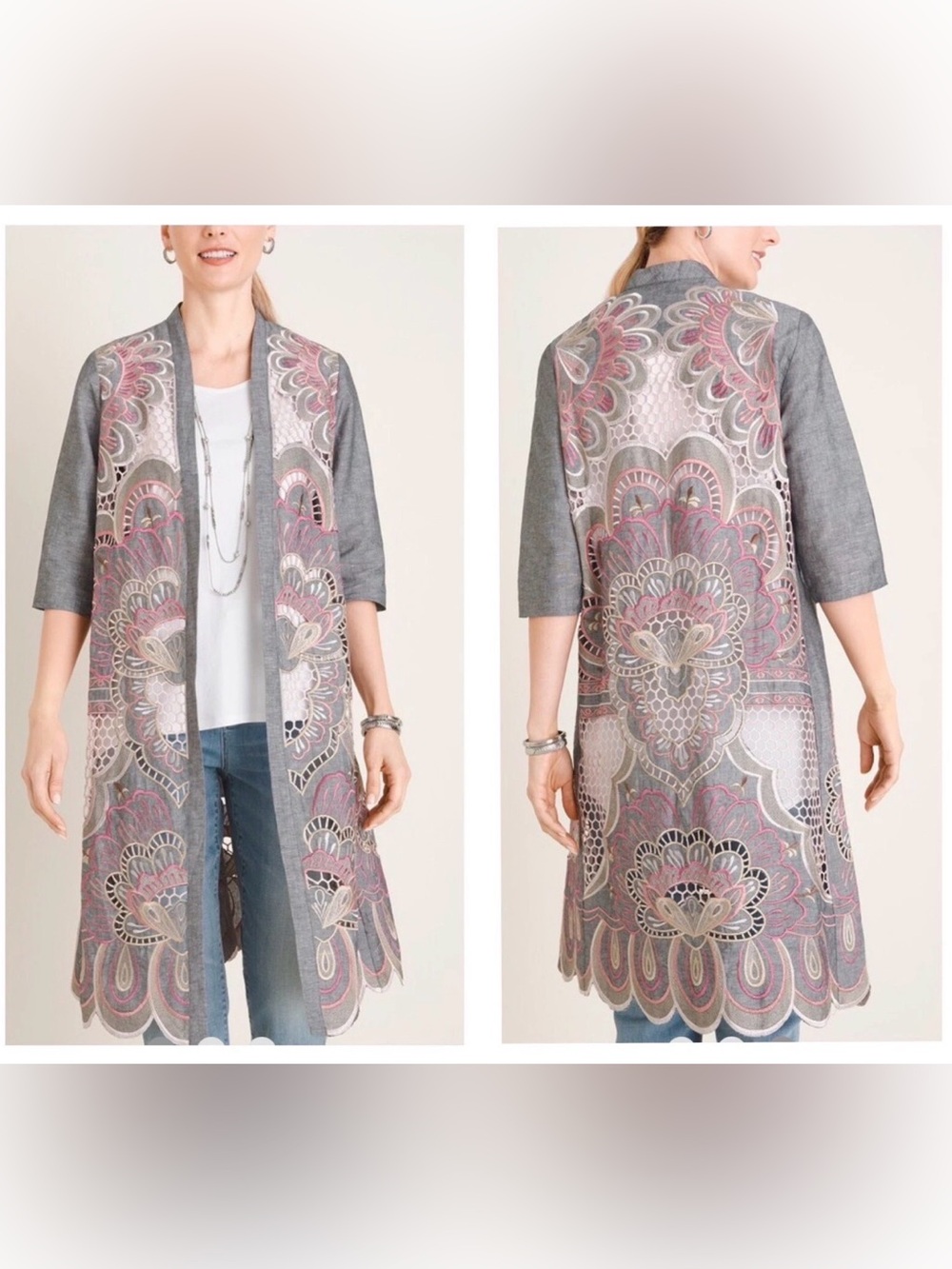 Chico's Gray Open-Front Cardigan with Pink & Cream Floral Embroidery NWT